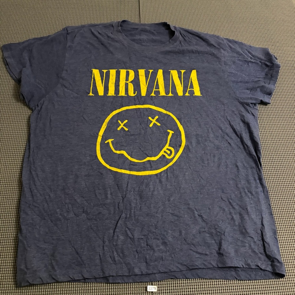 Nirvana Smiley Face Logo Graphic Tee Navy Blue Heather XXL 2XL Mens Short Sleeve